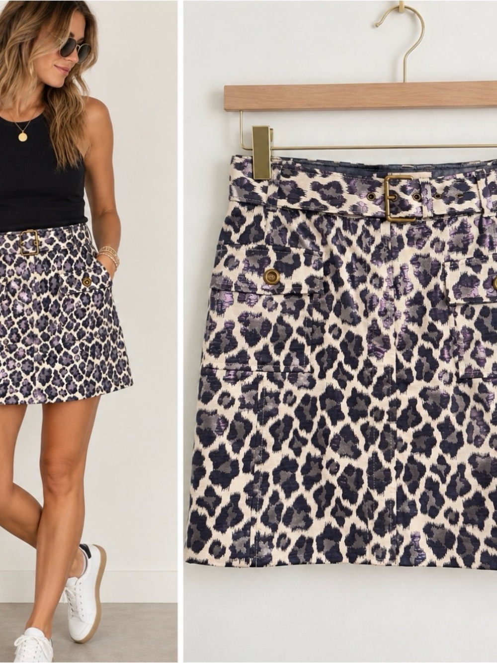 Banana Republic Purple and Black Leopard Print Mini Skirt with Belt